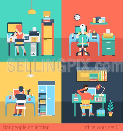 Set of young man woman home office freelance homework laptop table workplace. Flat people lifestyle situation work at home concept. Vector illustration collection of young creative humans.