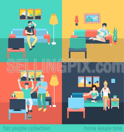Set of friends family in living room watch TV leisure. Flat people lifestyle situation family leisure time concept. Vector illustration collection of young creative humans.