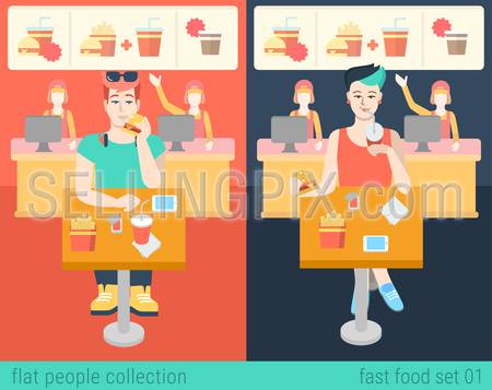 Set of stylish hipster boy and girl sitting fastfood table. Flat people lifestyle situation in fast food cafe restaurant meal time concept. Vector illustration collection of young creative humans.