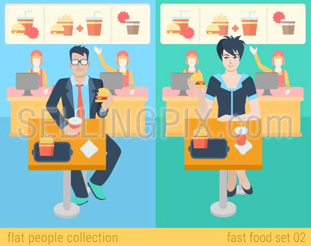 Set of stylish businessman businesswoman manager secretary sitting fastfood table. Flat people lifestyle situation fast food cafe restaurant meal time concept. Vector illustration creative collection.