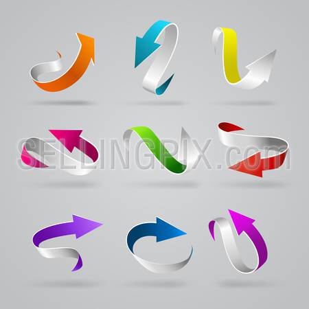 Stylish glossy 3d curly arrows vector web element icon set. Colorful stripe line string pointers internet design elements.