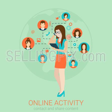 Beautiful young girl businesswoman secretary helper manager in glasses talking phone infographics. Flat style design vector illustration social media network concept. Flat 2D conceptual collection.