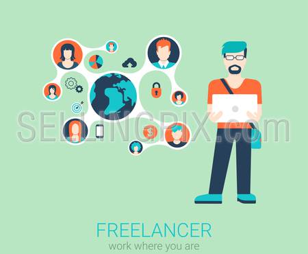 Freelance work flat web infographic concept vector. Young stylish freelancer man with laptop and connected content profiles. Global telework conceptual vector illustration. Creative people collection.