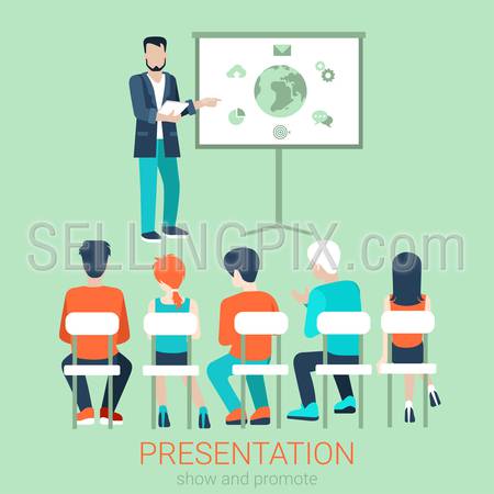 Flat business meeting, skull session, council, presentation, get-together, palaver web infographic concept vector. Group of character people auditory, boss in center by blackboard.