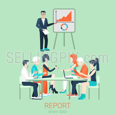 Flat business report, meeting, skull session, council, presentation, get-together, palaver web infographic concept vector. Group of character people table, boss in center by blackboard.