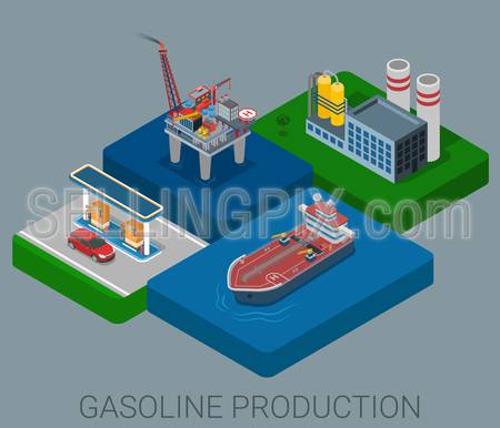 Gasoline production process cycle flat 3d web isometric infographic concept vector. Oil extraction sea platform refinery logistics delivery tanker ship gas petrol refill station retail gasoline sale.