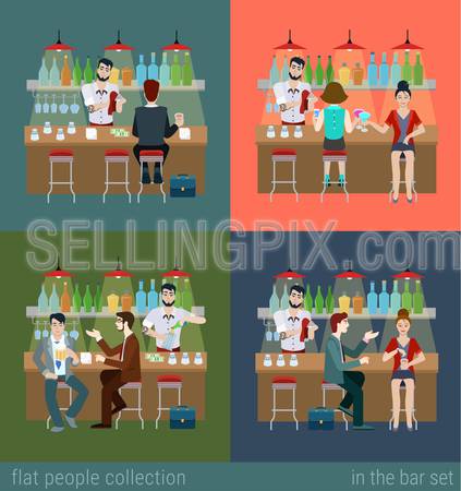 Set of young men women boy girl in the bar counter and barman cocktail drink preparation. Flat people lifestyle situation concept. Vector illustration collection of young creative humans.