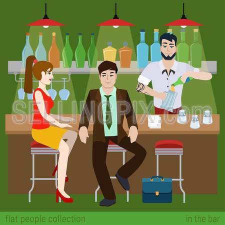Young couple men women boy girl in the bar counter and barman fill beer glass. Flat people lifestyle situation concept. Vector illustration collection of young creative humans.