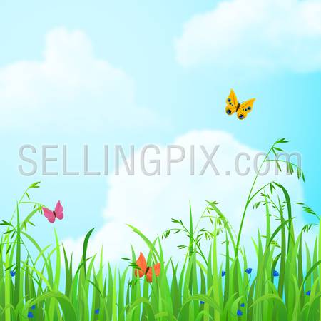 Nice shiny fresh butterfly flower grass lawn background with clouds sky. Nature spring summer backgrounds collection.