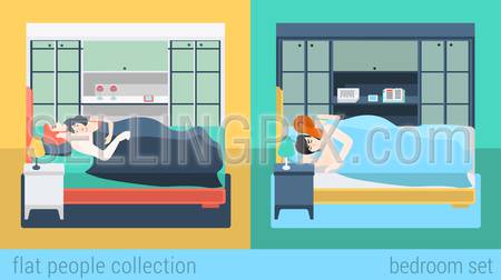 Set of family couple in bedroom bed sleeping sex love romance. Flat people lifestyle situation husband wife family concept. Vector illustration collection of young creative humans.