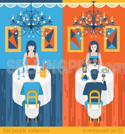 Flat people lifestyle situation evening dinner in cafe restaurant concept. Set of young beautiful man and woman couple table drinking champagne. Vector illustration collection of young creative humans
