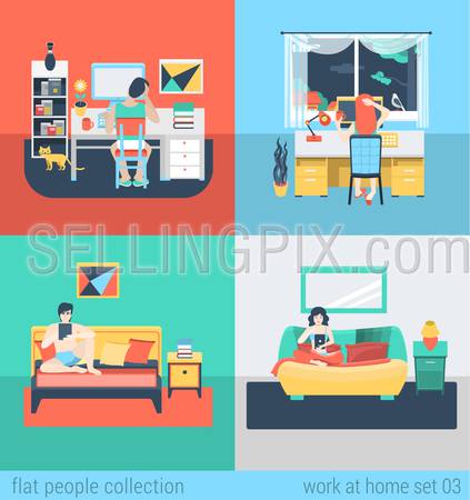 Set of young man woman home office freelance homework laptop tablet table workplace. Flat people lifestyle situation work at home concept. Vector illustration collection of young creative humans.