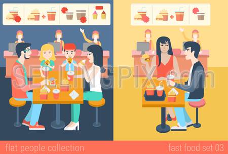 Set of stylish family mom dad boy girl children kids couple sitting fastfood table. Flat people lifestyle situation fast food cafe restaurant meal time concept. Vector illustration creative collection.