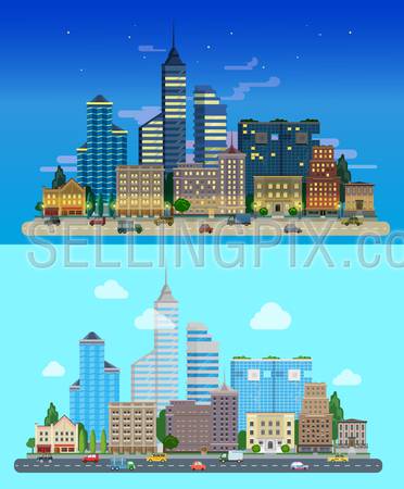 Flat cartoon city set day and night. Road highway avenue transport street traffic before line of buildings skyscrapers business center offices. Urban life lifestyle collection.