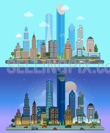Flat cartoon skyscraper business city set day and night. Road highway avenue transport street traffic before line of buildings skyscrapers business center offices. Urban life lifestyle collection.