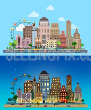 Flat cartoon carousel historic skyscrapers city set day and night. Road highway avenue transport street traffic before line of buildings skyscrapers business center offices. Urban life lifestyle collection.