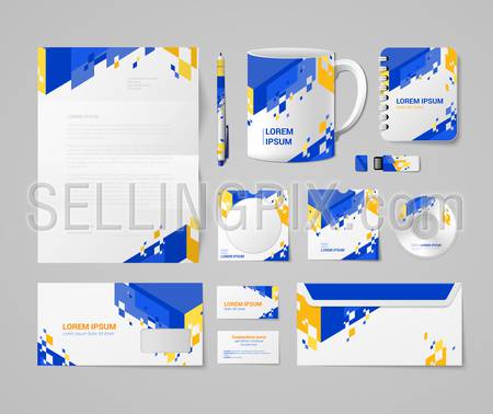 Modern corporate identity mockup template blue yellow orange abstract concept. Stationery business objects blank pen cup notebook USB flash drive CD DVD disc envelope mail card.
