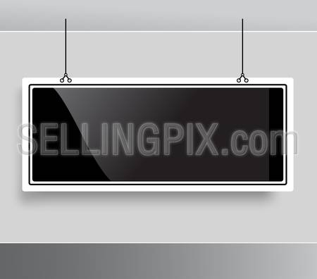 Blackboard hanging from ceiling. Glossy modern stylish empty black board template mockup. Place text logo photo product.