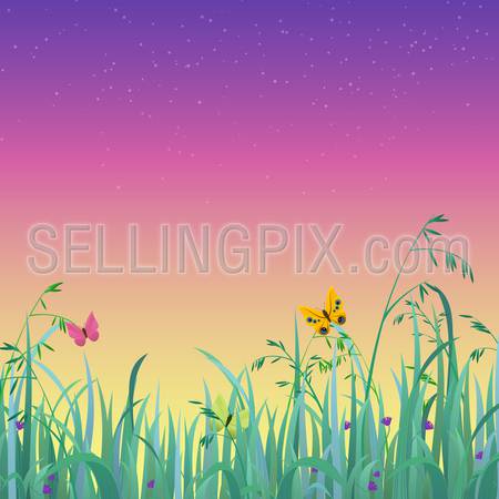 Nice shiny fresh butterfly dusk sky grass lawn with bokeh blur effect sunshine beam background. Nature spring summer backgrounds collection.