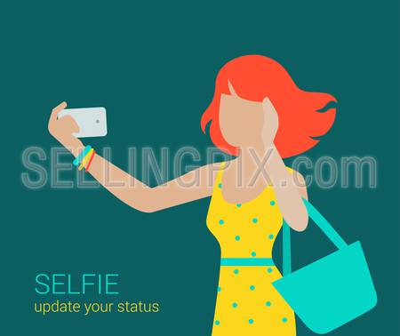 Selfie making smartphone redhead sexy abstract girl lady in polka dot dress.