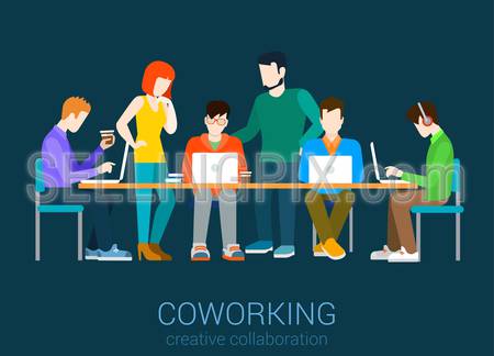 Coworking flat web infographic concept vector. Co-working group of people by the table. Office agency work process. Creative people collection.
