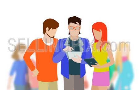 Flat creative abstract young group of happy people with tablets discussing work project. Hipster fashionable boy girl meeting and blurred crown background.