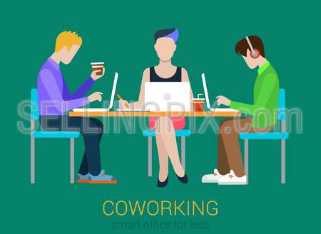 Coworking flat web infographic concept vector. Co-working three people at the table with laptops. Office agency work process. Creative people collection.