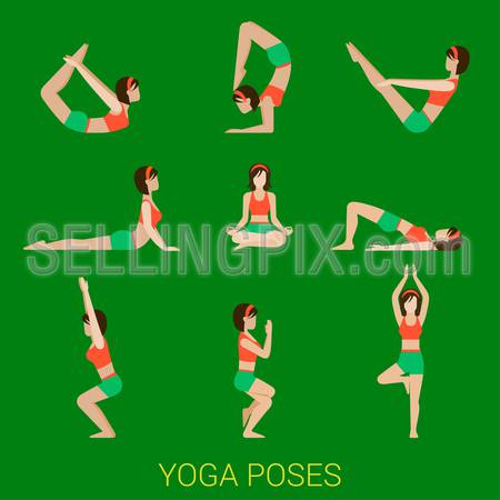 Flat yoga poses stylish modern young sexy girl lady pilates set of figures.