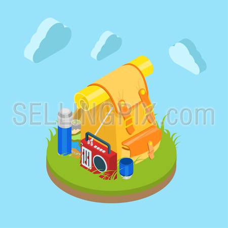 Flat 3d isometric outdoor travel backpack on grassy lawn field. Bag radio map cup thermos. Tourism collection.
