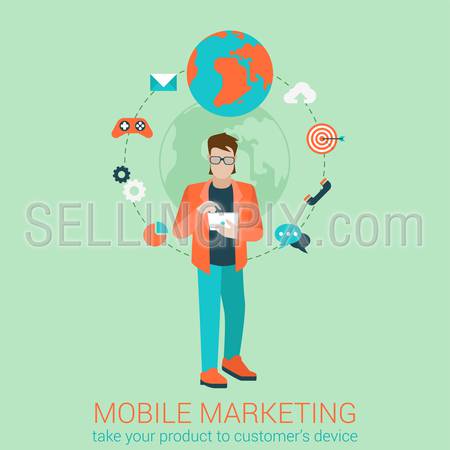 Flat style modern mobile marketing business strategy infographic concept. Conceptual web illustration young map touch tablet target gamification chat call mail email global messaging support.