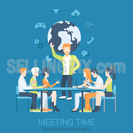 Flat business report, meeting, skull session, council, presentation, get-together, palaver web infographic concept vector. Group of character people table, boss in center.