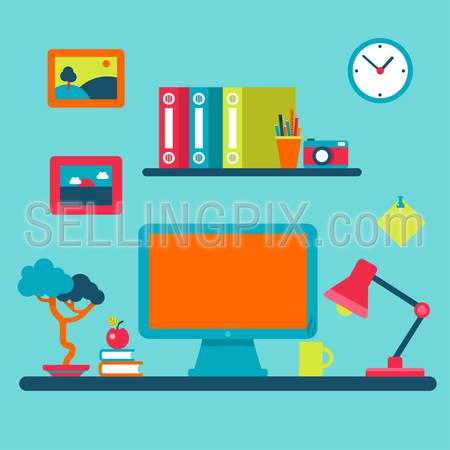 Flat home office interior outsourcing distant work concept flat set telework workplace office vector web banners illustration print materials website infographics elements collection.