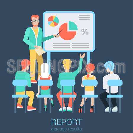 Flat business report, meeting, skull session, council, presentation, get-together, palaver web infographic concept vector. Group of character people sitting questions, boss in center by blackboard.