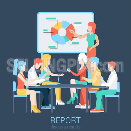 Flat business report, meeting, skull session, council, presentation, get-together, palaver web infographic concept vector. Group of character people table, boss in center income graphic blackboard.