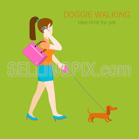 Flat dog walking girl with dachshund on collar talking phone. Creative people collection.