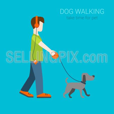Flat dog walking boy in headphones listening music. Creative people collection.