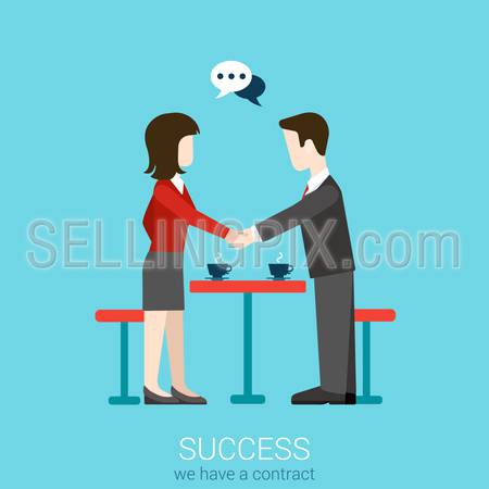 Flat web partnership success business deal to succeed infographic concept vector. Two businessmen shaking hands. Creative people collection.