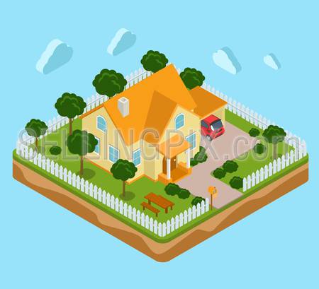 Flat 3d isometric land island infographics icon house realty real estate concept. Web isometry infographic collection.