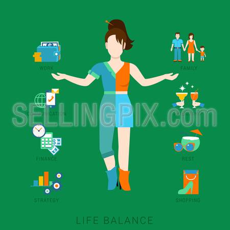 Flat life balance young woman abstract lifestyle concept. Stylish 2-sided divided human figure front view hands pointing to work family communication finance strategy rest leisure friendship aspects.