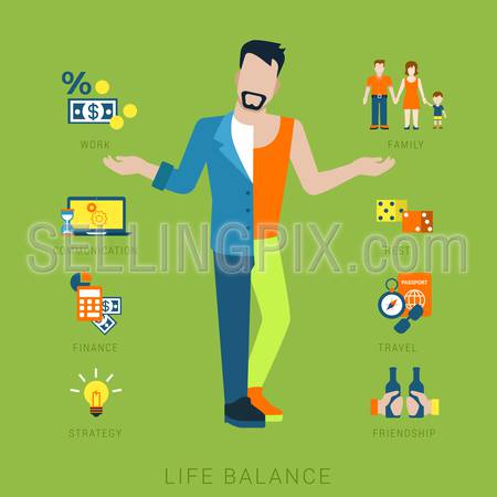 Flat life balance young man abstract lifestyle concept. Stylish 2-sided divided human figure front view hands pointing to work family communication finance strategy rest leisure friendship aspects.
