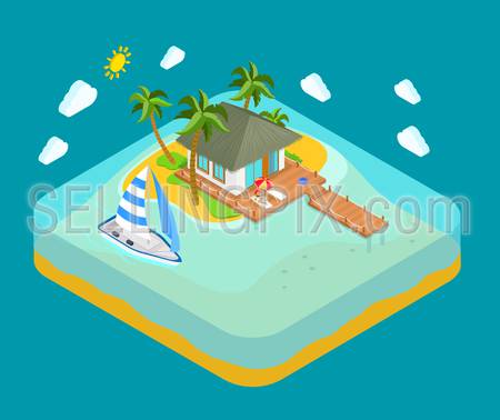Life on tropic island privacy solitude travel concept. Flat 3d isometric land infographics icon conceptual. Water facing house palm pier lounge woman yacht boat. Web isometry infographic collection.