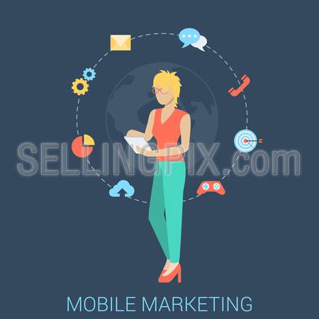 Flat style modern mobile marketing business strategy infographic concept. Conceptual web illustration young woman girl map touch tablet gamification chat call mail email global messaging support.