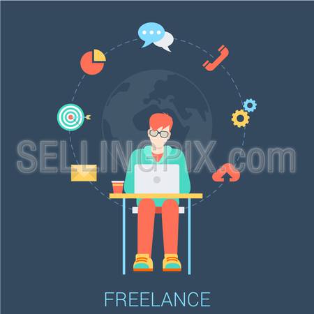Freelance work flat web infographic concept vector. Young stylish freelancer man with laptop sitting working by the table. Global telework conceptual vector illustration. Creative people collection.