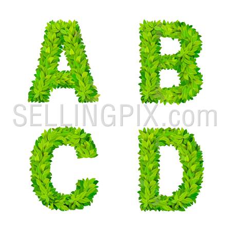ABC grass leaves letter number elements modern nature placard lettering leafy foliar deciduous vector set. A B C D leaf leafed foliated natural letters latin English alphabet font collection.