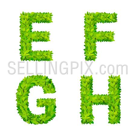 ABC grass leaves letter number elements modern nature placard lettering leafy foliar deciduous vector set. E F G H leaf leafed foliated natural letters latin English alphabet font collection.