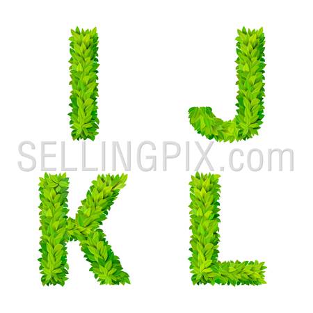 ABC grass leaves letter number elements modern nature placard lettering leafy foliar deciduous vector set. I J K L leaf leafed foliated natural letters latin English alphabet font collection.