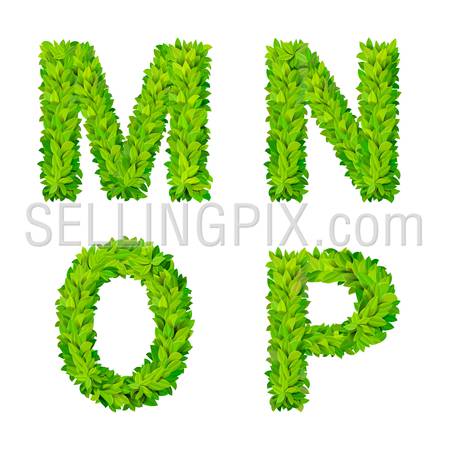 ABC grass leaves letter number elements modern nature placard lettering leafy foliar deciduous vector set. M N O P leaf leafed foliated natural letters latin English alphabet font collection.