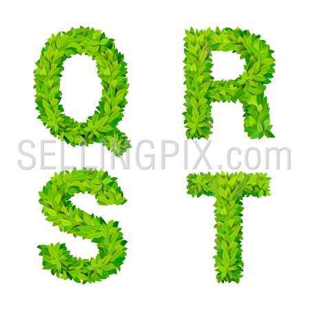 ABC grass leaves letter number elements modern nature placard lettering leafy foliar deciduous vector set. Q R S T leaf leafed foliated natural letters latin English alphabet font collection.