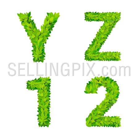 ABC grass leaves letter number elements modern nature placard lettering leafy foliar deciduous vector set. Y Z 1 2 leaf leafed foliated natural letters latin English alphabet font collection.