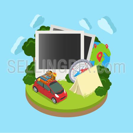 Empty photo frame mockup showcase flat 3d isometric template vector illustration green tourism travel concept. Classic frames grass field island lawn vacation: tent compass navigation map luggage car.